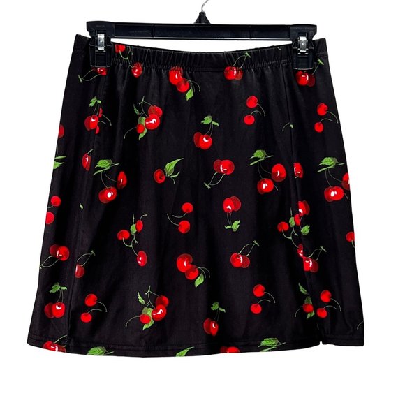 Shein Cherry Print Mini Skirt size M 6 Black Red Slit Elastic Waist Pinup - Picture 1 of 5